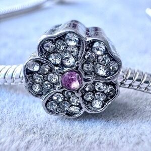 Flower Charm Pink Center Clear Crystal Charm fits PANDORA